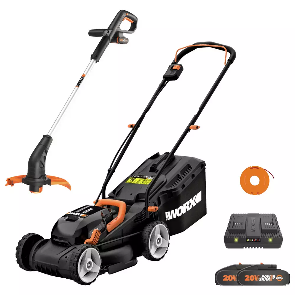 Worx Cordless 34cm Rotary Lawnmower and 25cm Grass Trimmer