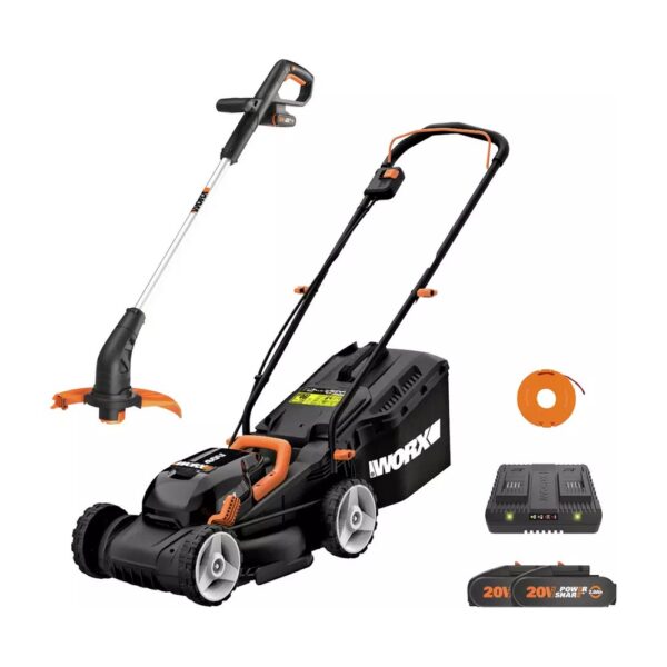 Worx Cordless 34cm Rotary Lawnmower and 25cm Grass Trimmer